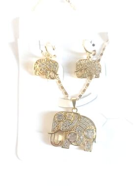 Gold Elephant Pendant Necklace and Earring Set - Sparkling Crystal Accent